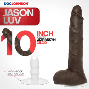 Signature Series - Jason Luv - 10 Inch Realistic ULTRASKYN Dildo with Removable Vac-U-Lock Suction Cup - F-Machine & Harness Compatible - for Adults Only, Chocolate