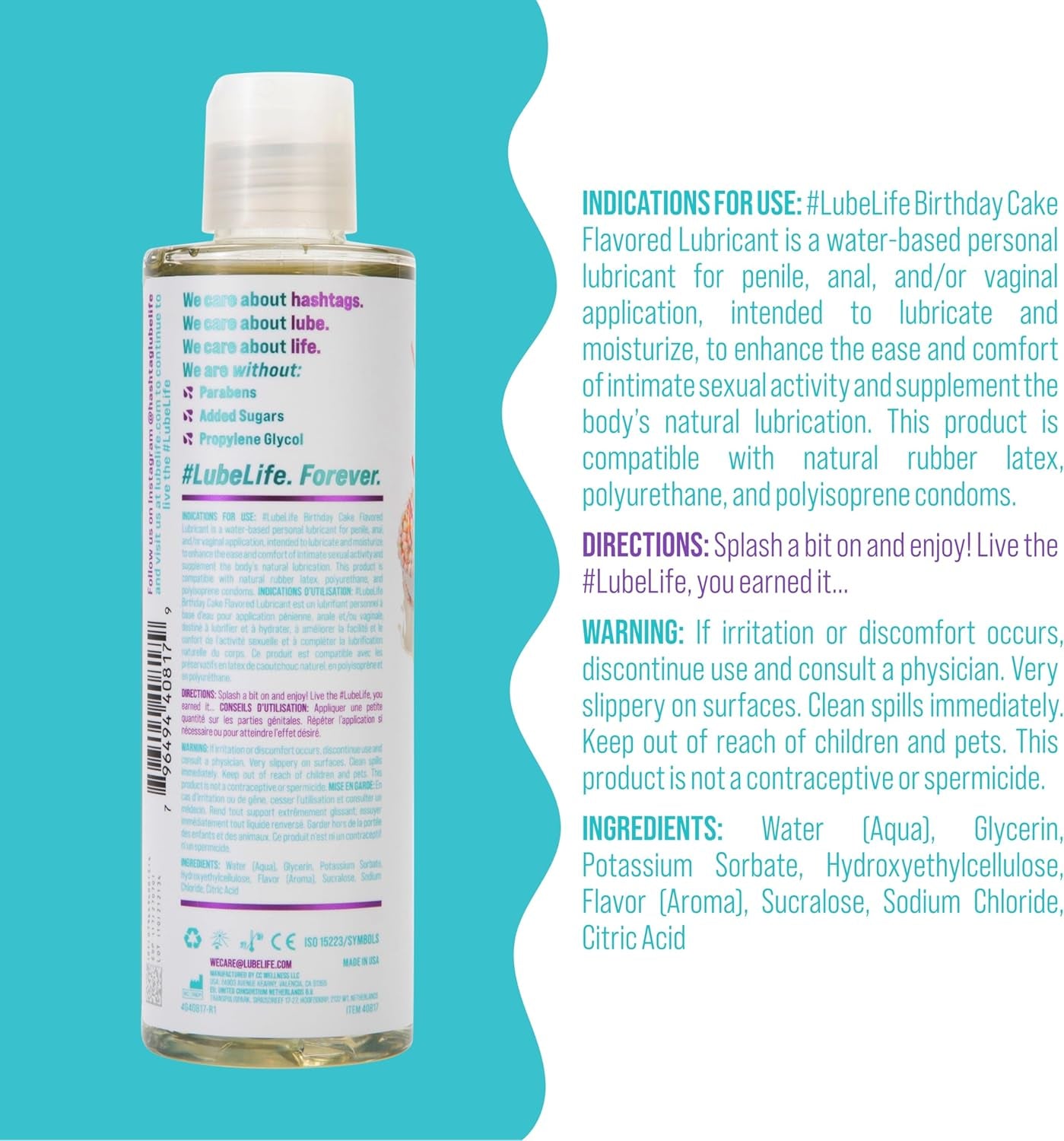Lubelife Water-Based Birthday Cake Flavored Lubricant, Personal Lube for Men, Women and Couples, Made without Added Sugar, 8 Fl Oz