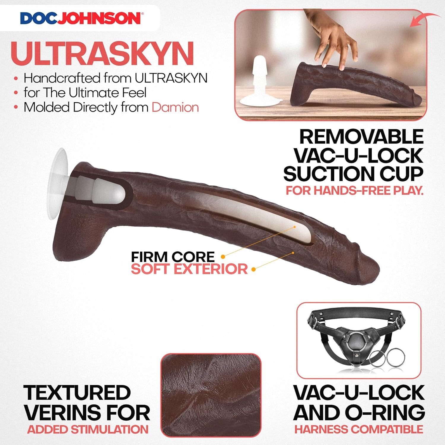 Signature Series - Damion Dayski - 12 Inch ULTRASKYN Dildo with Removable Vac-U-Lock Suction Cup - F-Machine & Harness Compatible - for Adults Only, Chocolate
