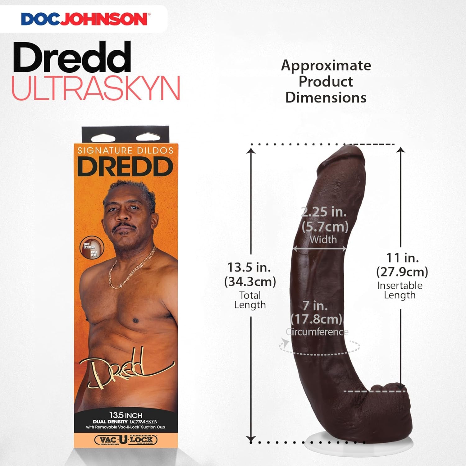 Signature Series - Dredd - 13.5 Inch ULTRASKYN Dildo with Removable Vac-U-Lock Suction Cup - F-Machine & Harness Compatible - for Adults Only, Chocolate