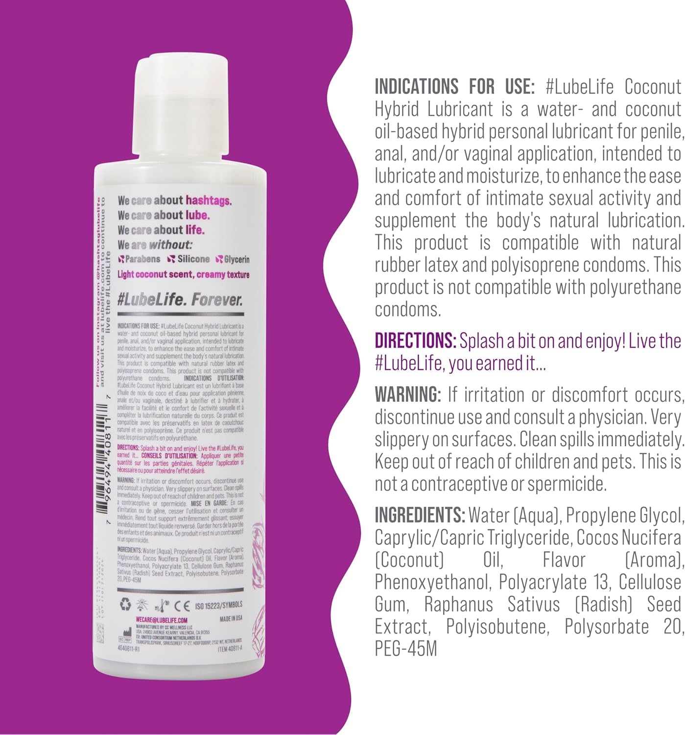 Lubelife Coconut Hybrid Lube –Water & Coconut Oil Personal Lubricant – Smooth, Skin-Safe Formula with Easy Clean for Privacy & Toys, 8 Fl Oz