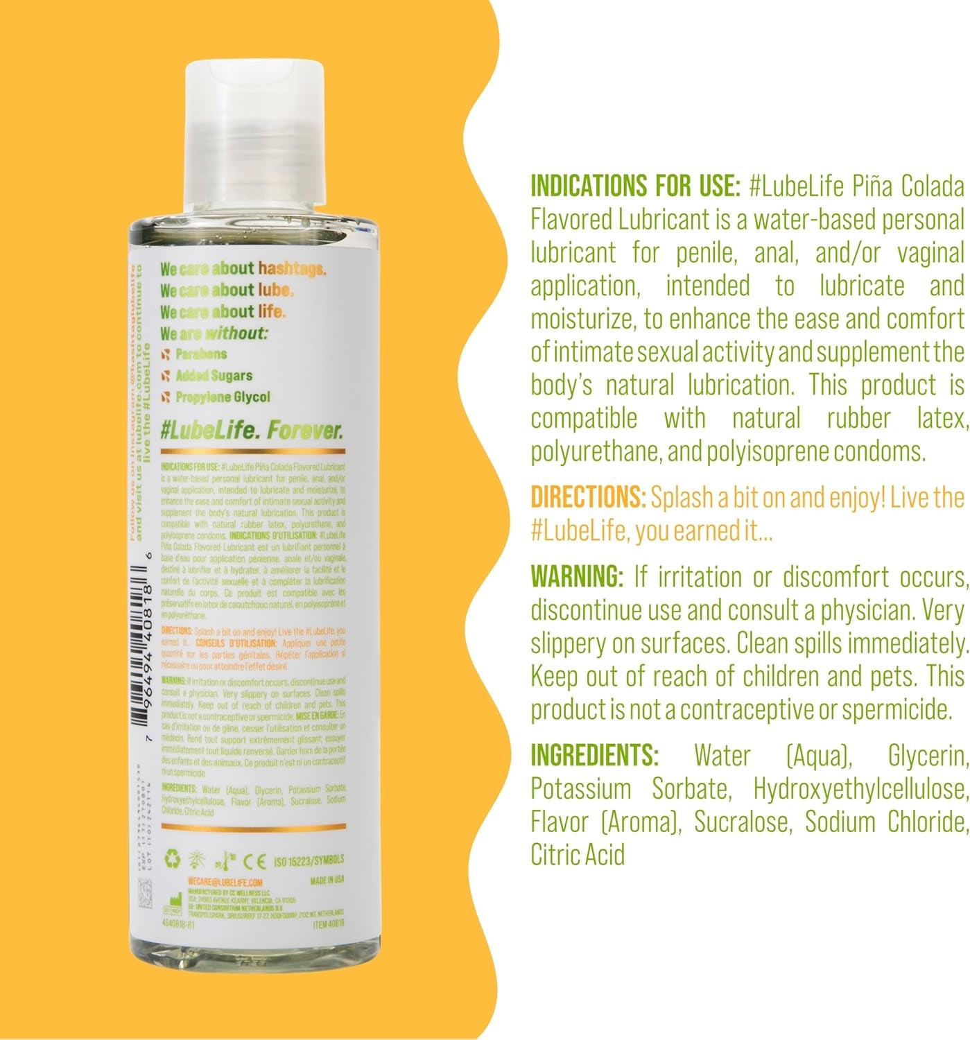 Lubelife Water-Based Piña Colada Flavored Lubricant, Personal Lube for Men, Women and Couples, Made without Added Sugar, 8 Fl Oz