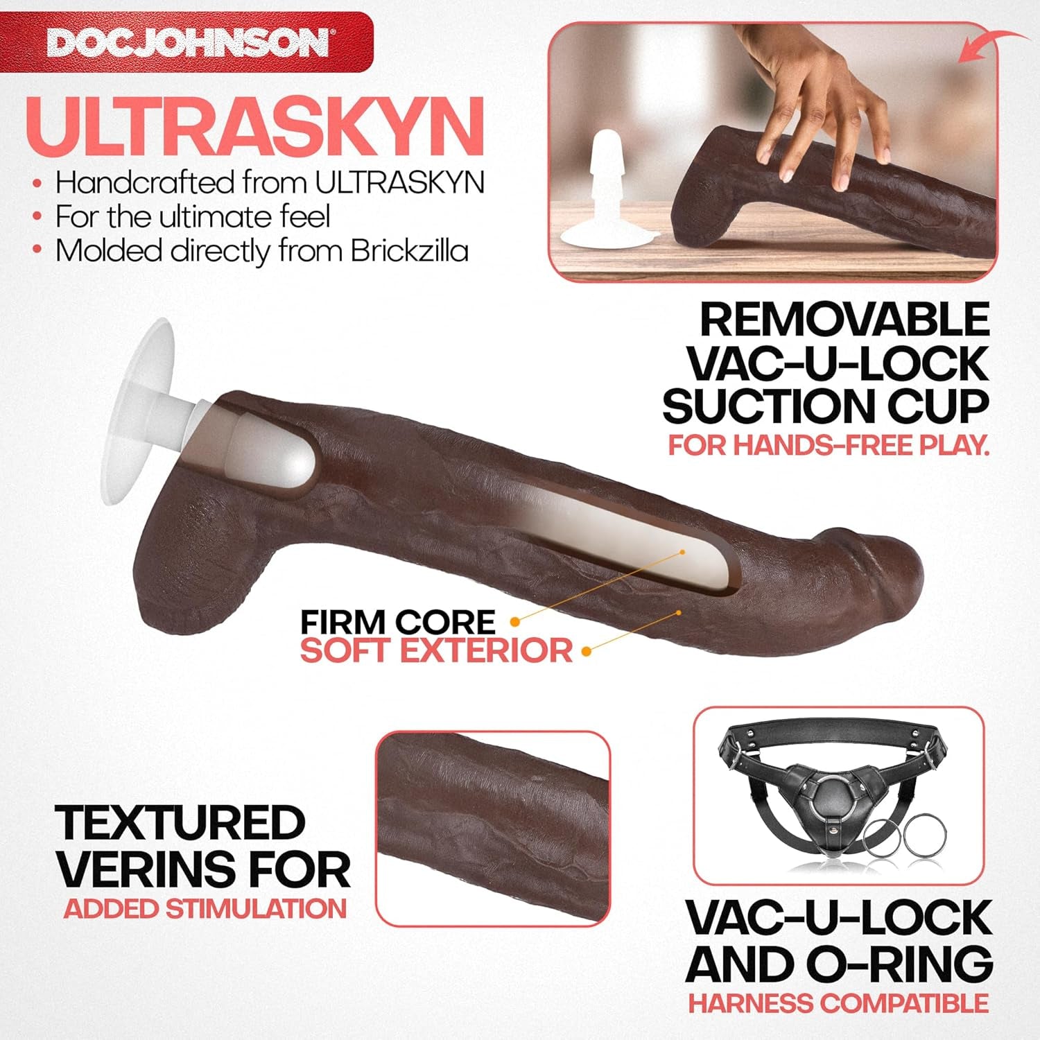 Signature Series - Brickzilla - 13 Inch ULTRASKYN Dildo with Removable Vac-U-Lock Suction Cup - F-Machine & Harness Compatible - for Adults Only, Chocolate