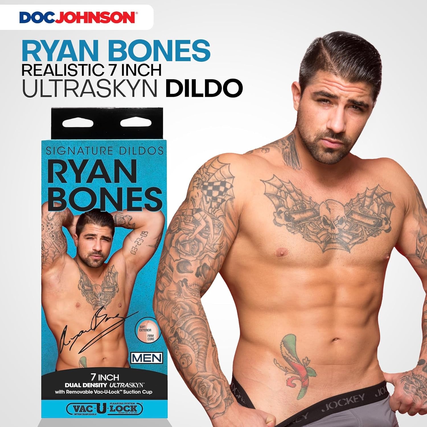 Signature Series - Ryan Bones - 7 Inch Realistic ULTRASKYN Dildo with Removable Vac-U-Lock Suction Cup - F-Machine & Harness Compatible - for Adults Only, Vanilla