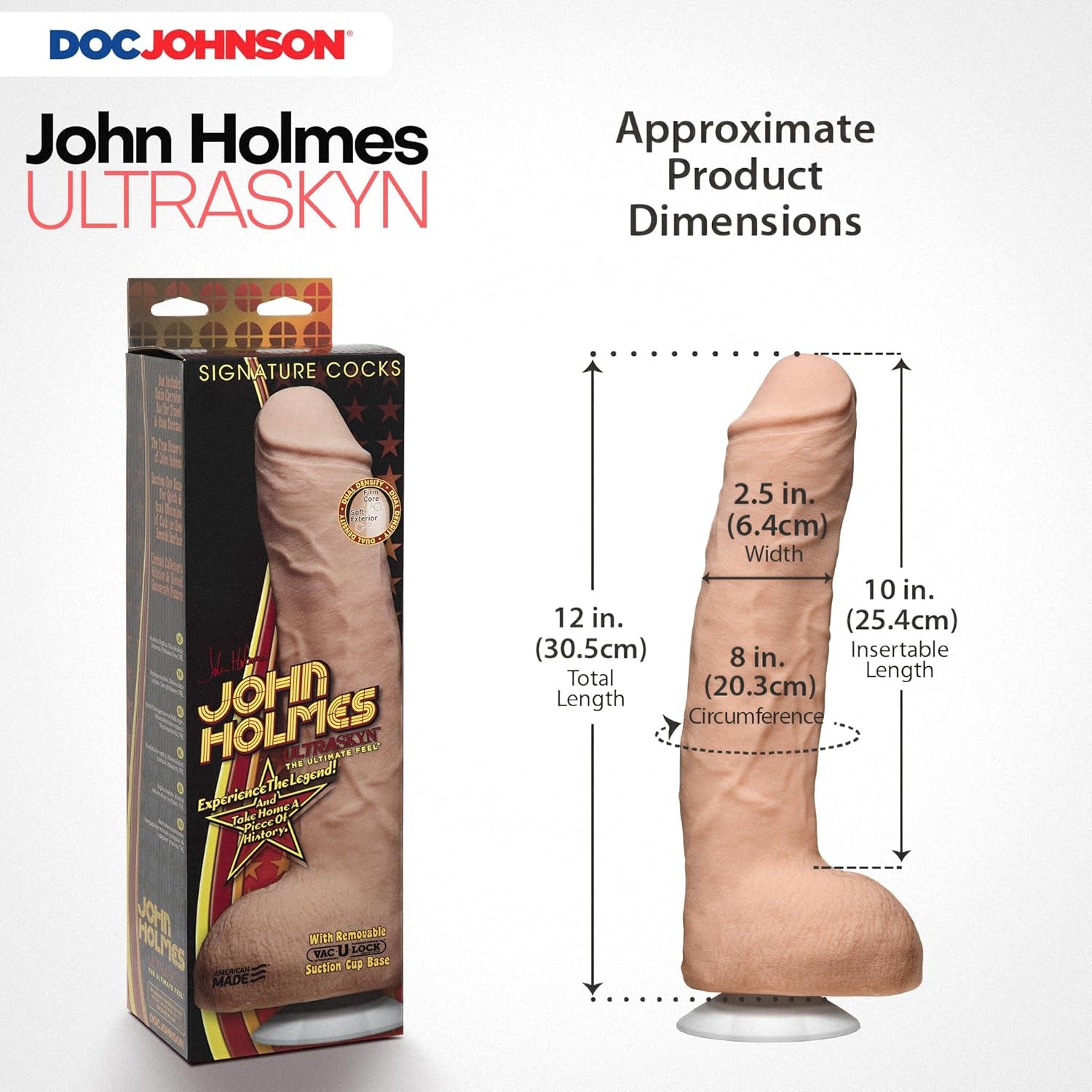 Signature Series - the Legendary John Holmes - 12 Inch Realistic ULTRASKYN Dildo with Removeable Vac-U-Lock Suction Cup - F-Machine & Harness Compatible - for Adults Only, Vanilla