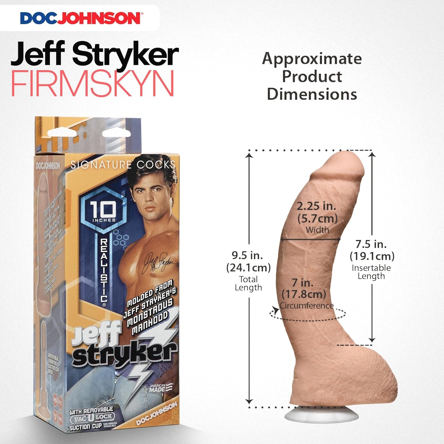 Signature Series - Jeff Stryker - 10 Inch Realistic ULTRASKYN Dildo with Removable Vac-U-Lock Suction Cup - F-Machine & Harness Compatible - for Adults Only, Vanilla
