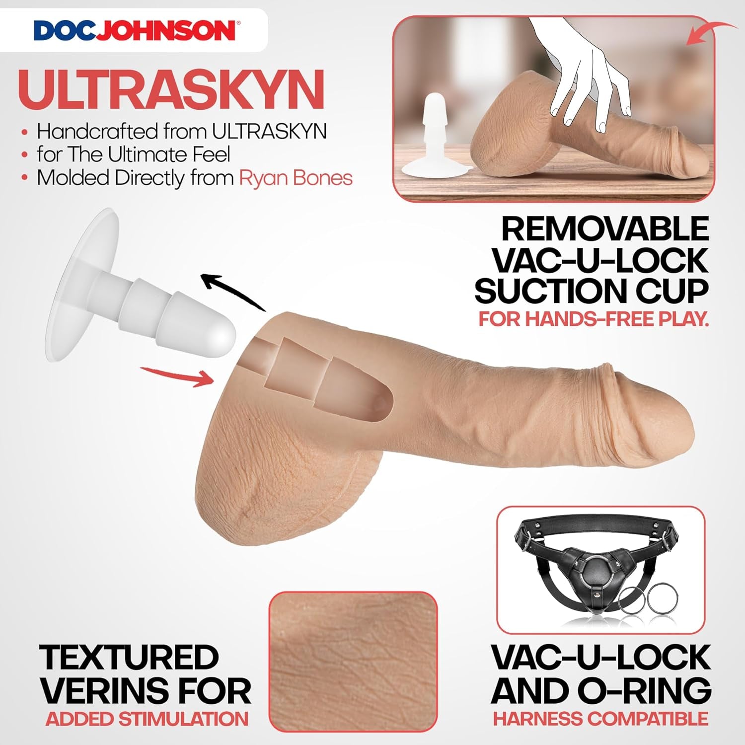 Signature Series - Ryan Bones - 7 Inch Realistic ULTRASKYN Dildo with Removable Vac-U-Lock Suction Cup - F-Machine & Harness Compatible - for Adults Only, Vanilla