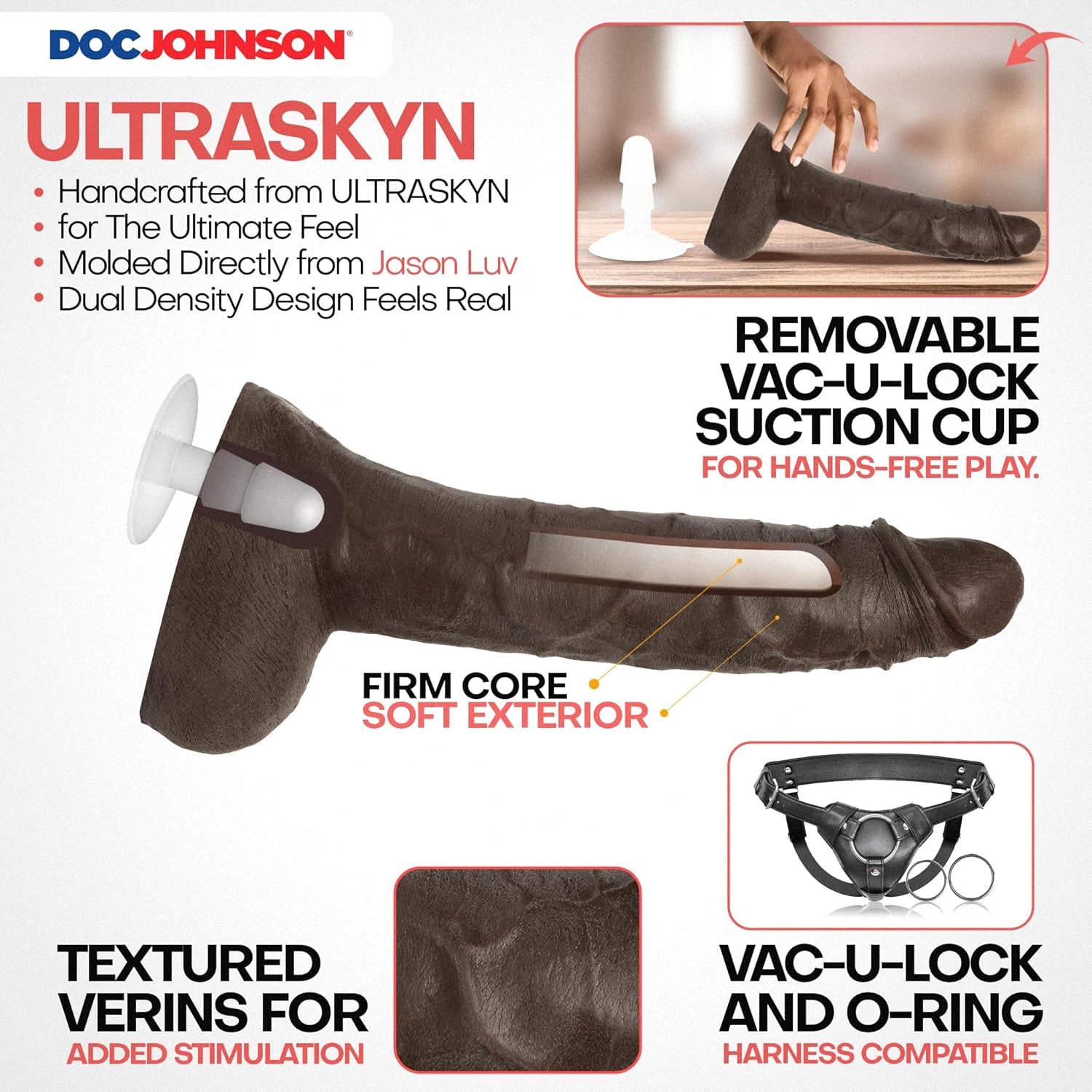 Signature Series - Jason Luv - 10 Inch Realistic ULTRASKYN Dildo with Removable Vac-U-Lock Suction Cup - F-Machine & Harness Compatible - for Adults Only, Chocolate