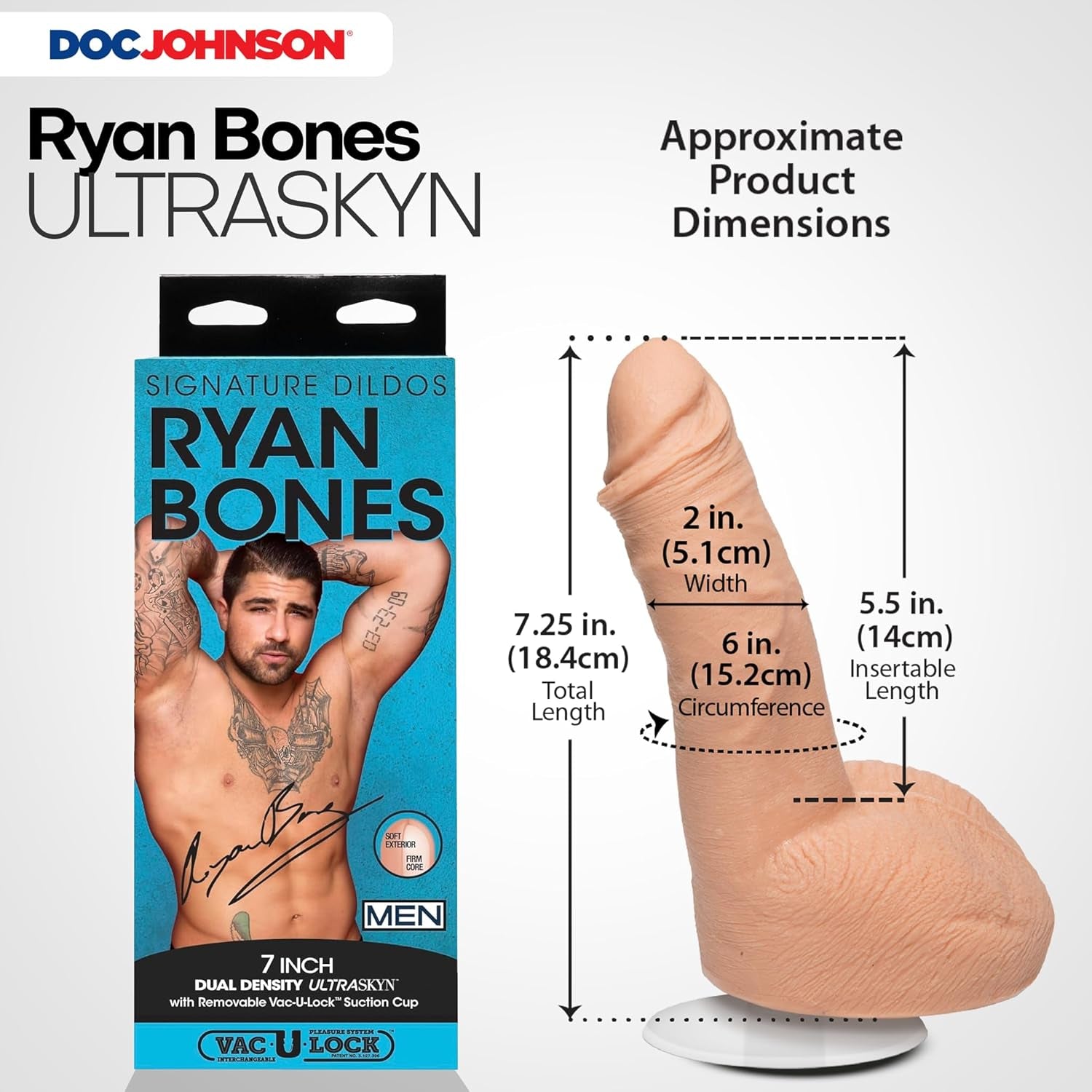 Signature Series - Ryan Bones - 7 Inch Realistic ULTRASKYN Dildo with Removable Vac-U-Lock Suction Cup - F-Machine & Harness Compatible - for Adults Only, Vanilla