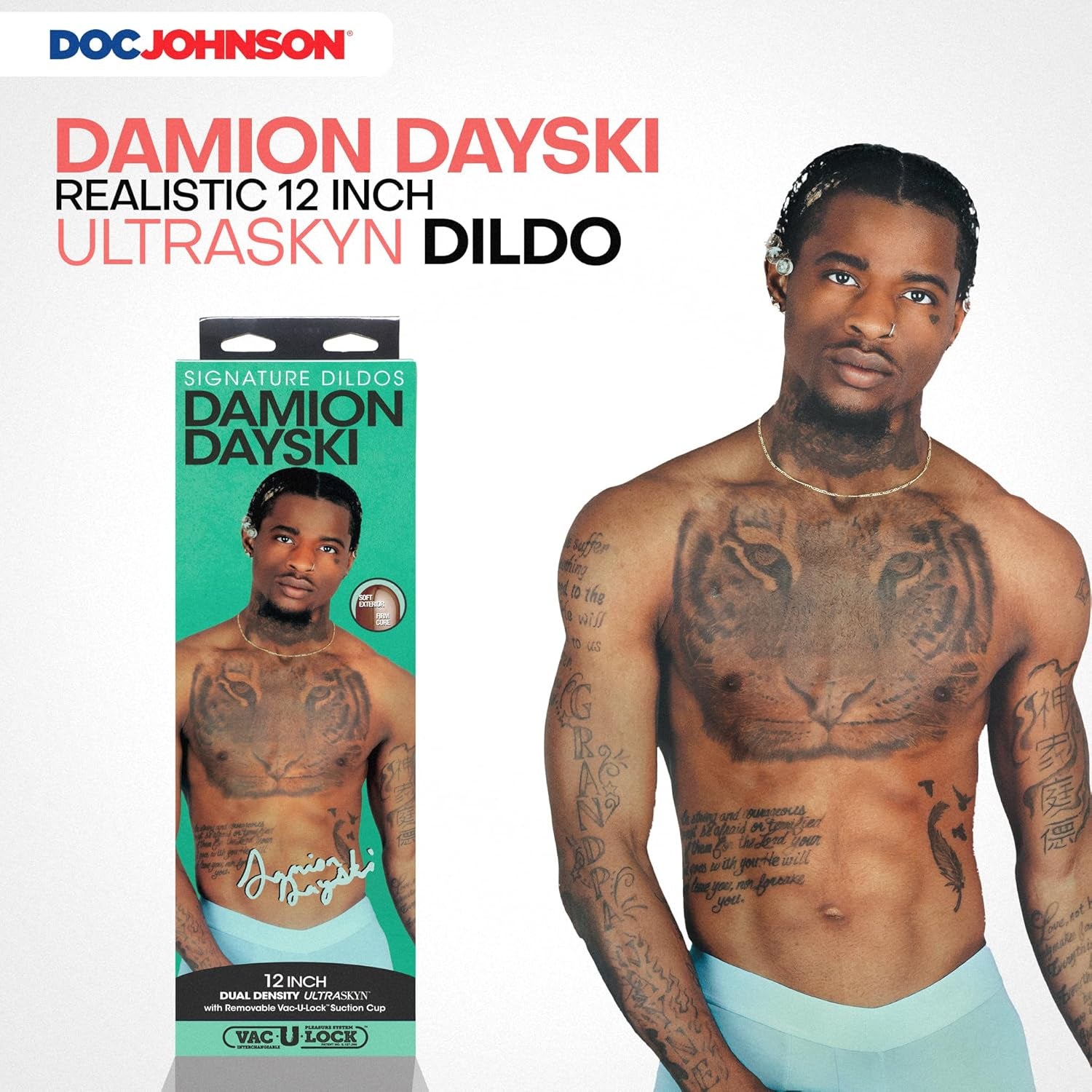 Signature Series - Damion Dayski - 12 Inch ULTRASKYN Dildo with Removable Vac-U-Lock Suction Cup - F-Machine & Harness Compatible - for Adults Only, Chocolate