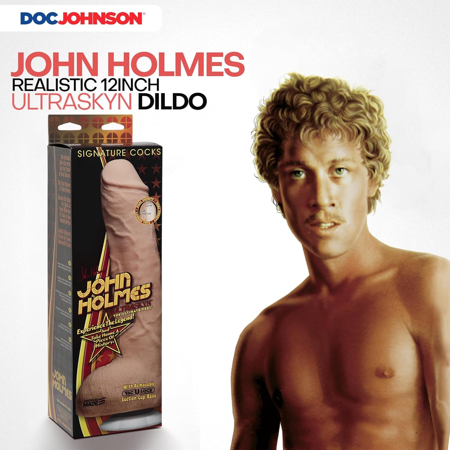 Signature Series - the Legendary John Holmes - 12 Inch Realistic ULTRASKYN Dildo with Removeable Vac-U-Lock Suction Cup - F-Machine & Harness Compatible - for Adults Only, Vanilla