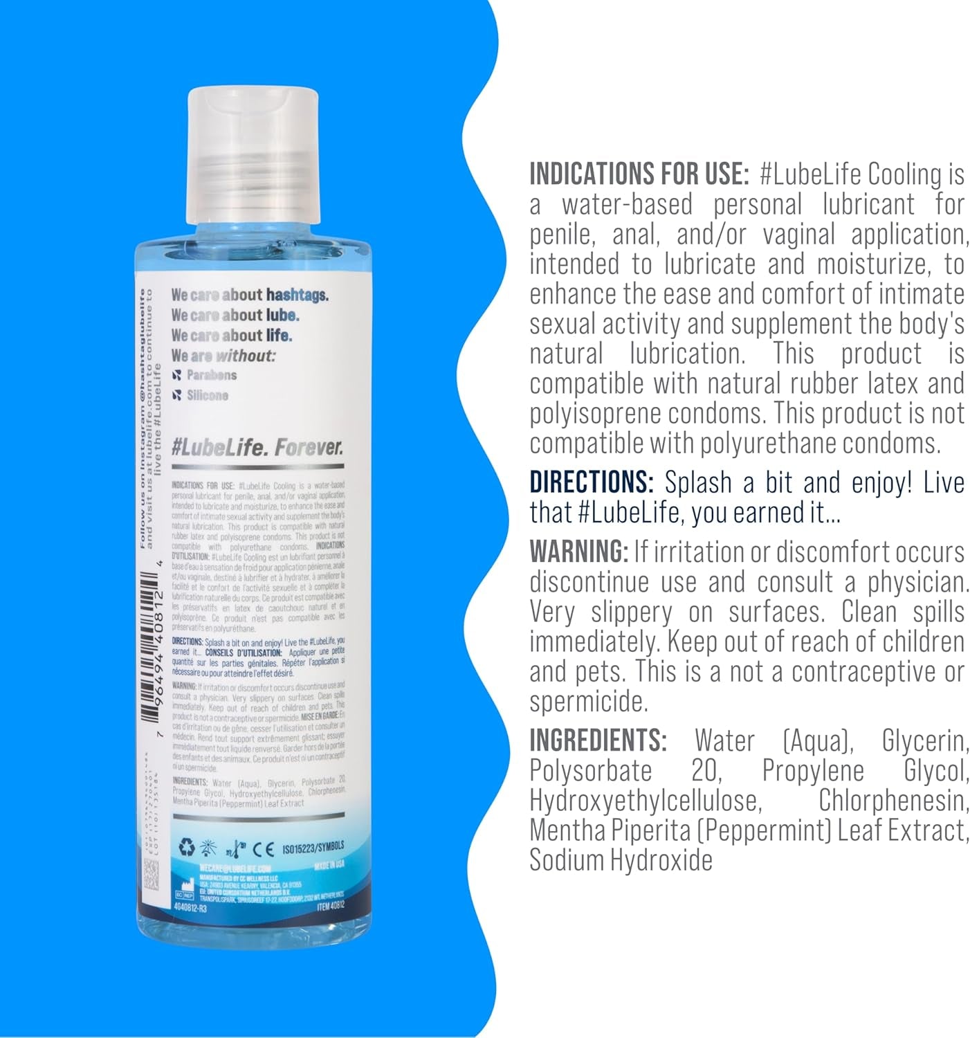 Lubelife Water-Based Cooling Personal Lubricant, Cool Tingling Feel for Men, Women, and Couples, 8 Fl Oz