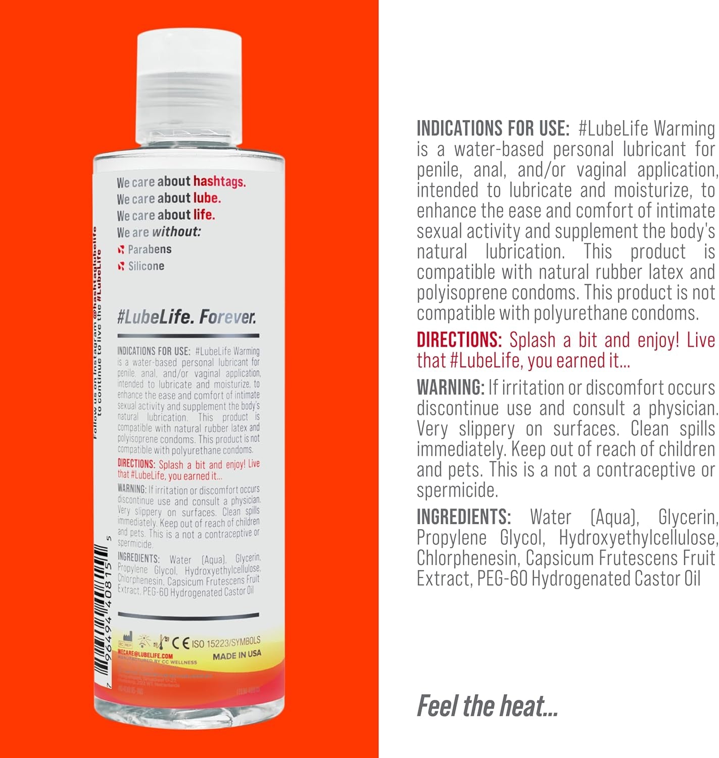 Lubelife Water-Based Warming Lubricant, Warm Invigorating Heating Sensation, Lube for Men, Women and Couples, 8 Fl Oz