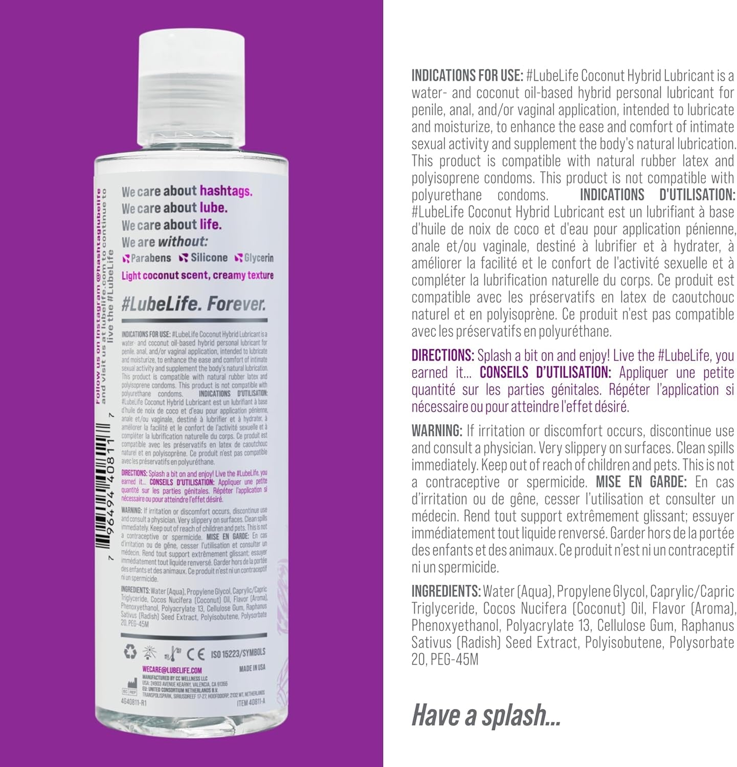 Lubelife Coconut Hybrid Lube –Water & Coconut Oil Personal Lubricant – Smooth, Skin-Safe Formula with Easy Clean for Privacy & Toys, 8 Fl Oz