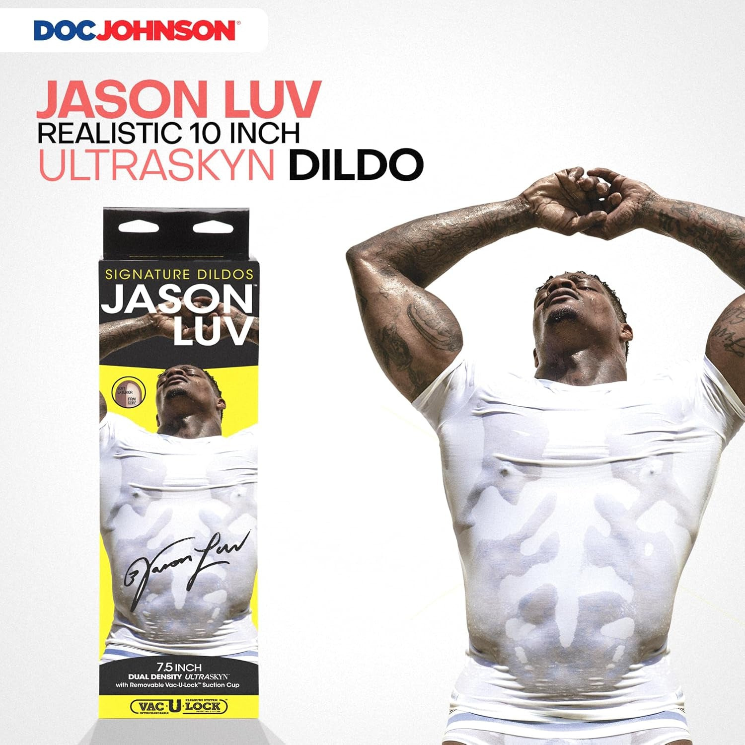 Signature Series - Jason Luv - 10 Inch Realistic ULTRASKYN Dildo with Removable Vac-U-Lock Suction Cup - F-Machine & Harness Compatible - for Adults Only, Chocolate