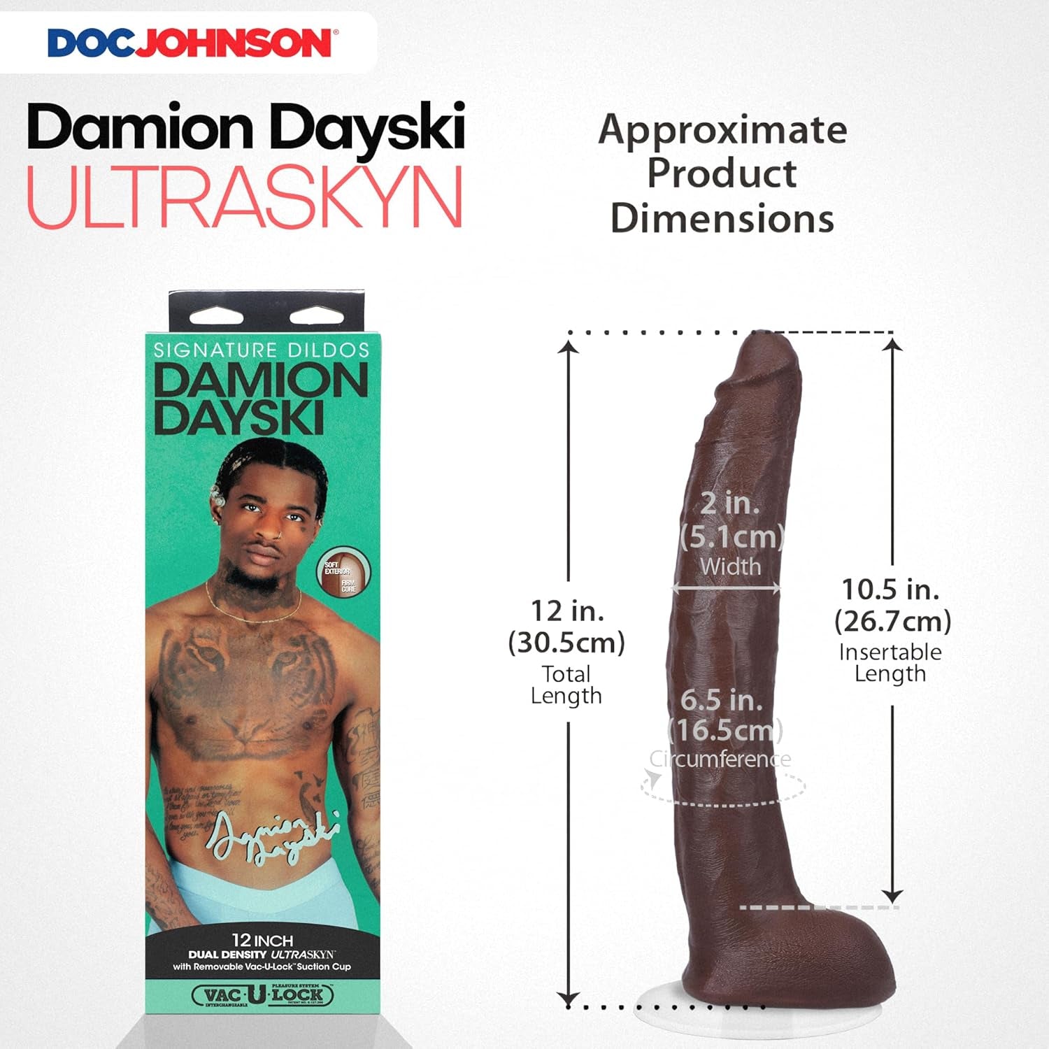 Signature Series - Damion Dayski - 12 Inch ULTRASKYN Dildo with Removable Vac-U-Lock Suction Cup - F-Machine & Harness Compatible - for Adults Only, Chocolate